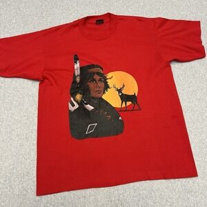 Vtg Screen Stars Shirt Mens XL Red Indian Deer Native American Sunset 80s Nature